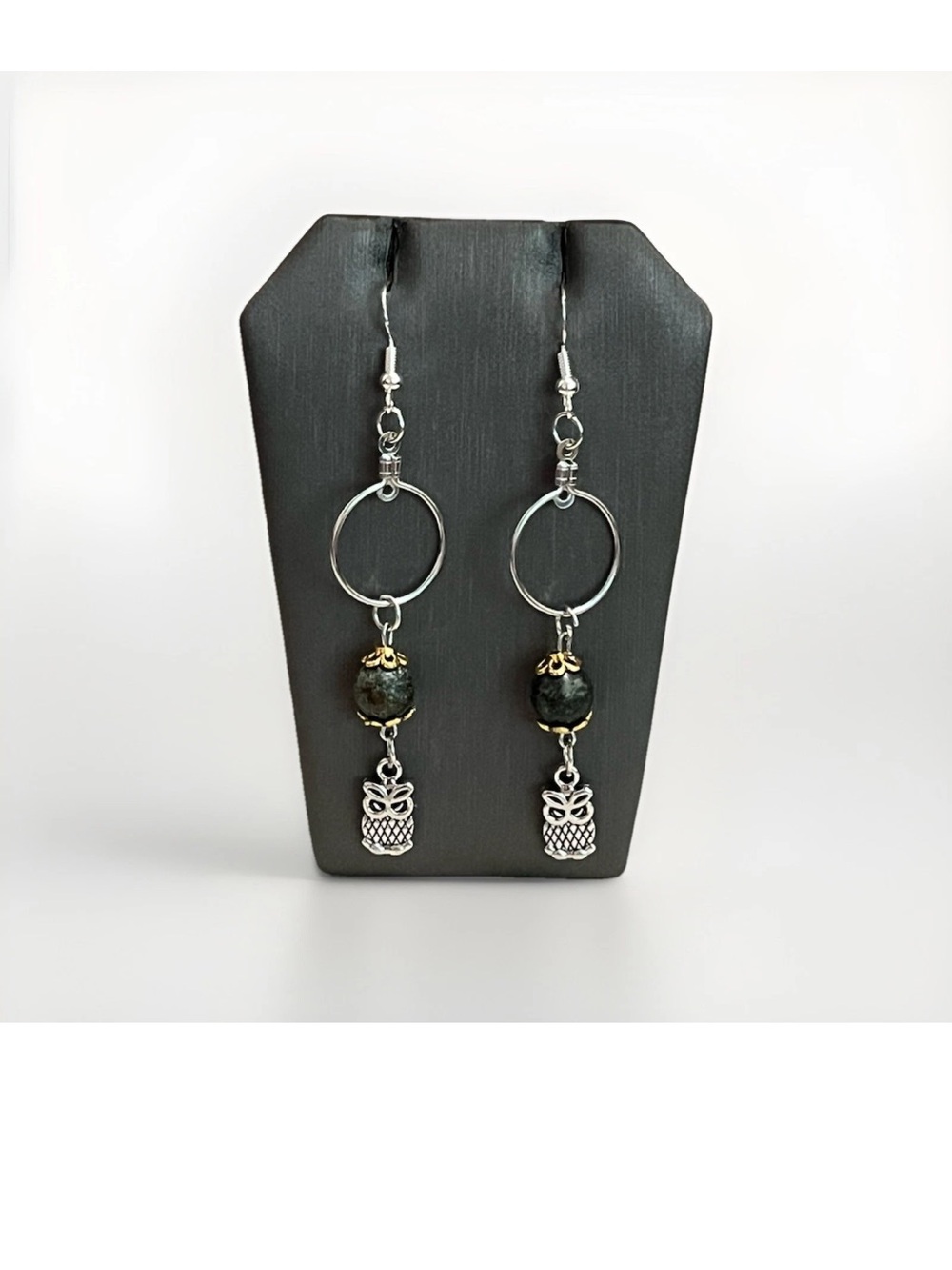 Handmade Owl Dangle Earrings Silver Hoop African Turquoise Bead Whimsy Gothic